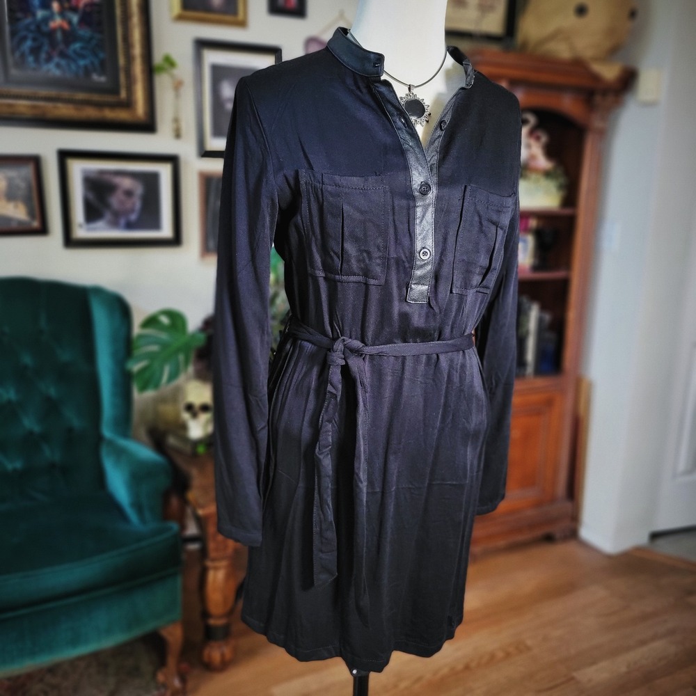 NWT Trendology Black Belted‎ Shirt Dress Long Sleeve Womens L Casual Chic